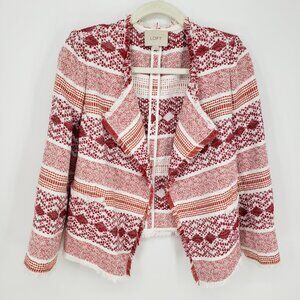 LOFT Fringe Trim Geometric Tweed Open Front Blazer Jacket 4  Red Orange